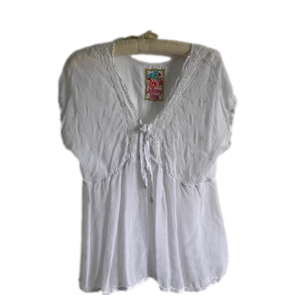 Johnny Was White Embroidered Cotton Peasant Blouse